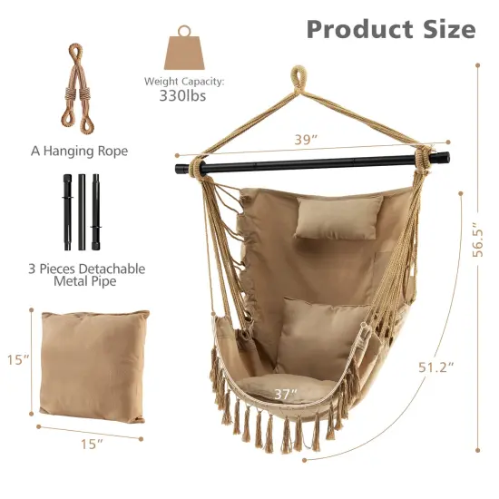 Hanging Rope Swing Chair with Soft Pillow and Cushions Beige {4}