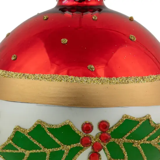 Northlight Holly and Berry Striped Christmas Glass Ball Ornaments - 4" - White and Red - Set of 2 {5}