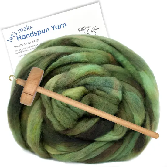 LEARN TO SPIN - Beginner's Spinning Kit with Hand Dyed BFL Roving, Drop Spindle & Printed Instructions w/ Video. Many Colors. Bronze Green {1}