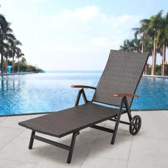Folding Back Adjustable Aluminum Rattan Recliner Lounger with Wheels {1}