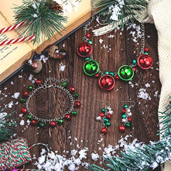 4 Pieces Christmas Bell Jewelry Set Includes Bells Necklace Bracelet Dangle Earring for Christmas Party {4}
