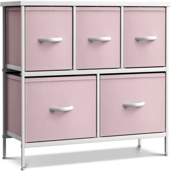 Sorbus Dresser with 5 Drawers - Storage Chest Organizer Unit with Steel Frame, Wood Top, Easy Pull Fabric Bins - Long Wide TV Stand for Bedroom Furniture, Hallway, Closet & Office Organization Pink {1}