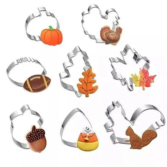 8 PiecesFall Thanksgiving Cookie Cutters Set -Pumpkin, Football,Turkey, Maple Leaf, Oak Leaf,Squirrel,Candy Corn and Acorn- Stainless Steel {1}
