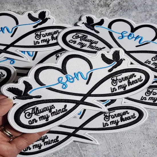 Memorial Infinity Collection: Patch Party Club, "SON" Eternal Remembrance 1-pc, Iron-On Embroidered Patch, Sz 6", Tribute Honoring Loved One {5}