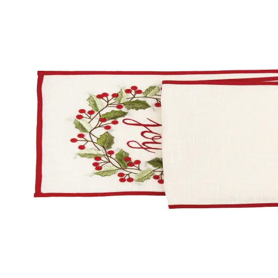 Embordered "Joy" Sentiment w/ Holly Berry Wreath on Off White Background w/ Red Trim Cotton Table Runner 14" x 72" {3}
