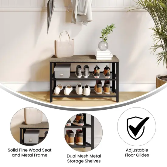 Emma and Oliver Isla 3-Tier Storage Bench with Metal Mesh Shelves for Entryway, Mudroom, or Bedroom Weathered Brown {2}