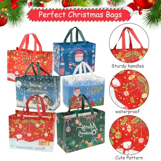 12 Pieces Large Reusable Christmas Tote Bags with Handles, Christmas Treat Bags, Multifunctional Non-Woven Christmas Bags for Gifts Wrapping, Shopping, Xmas, Party Favor Bags, 12.8" x 9.8" x 6.7" {6}