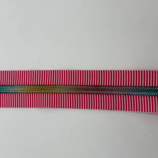 Hot pink and white stripe with rainbow teeth Zipper Tape {2}