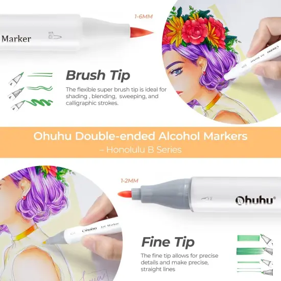 Ohuhu Honolulu B 72 Colors Alcohol-Based Markers - Dual Tip Brush & Fine {3}