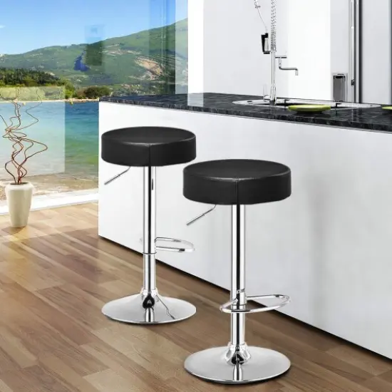 Adjustable Round Leather Swivel Seat Bar Stool Black {1}