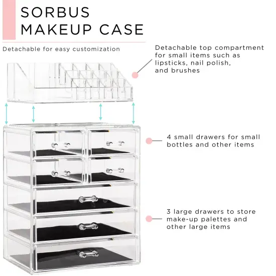 Sorbus Medium Makeup Organizer Set - (3 Large / 4 Small Drawers/Top Tray) Clear {3}