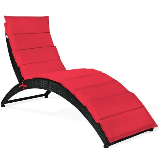 Folding Patio Rattan Portable Lounge Chair Chaise with Cushion Red {3}