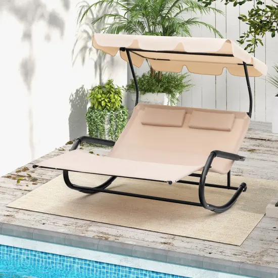 Outdoor 2 Persons Rocking Chaise Lounge with Canopy and Wheels-Beige {2}