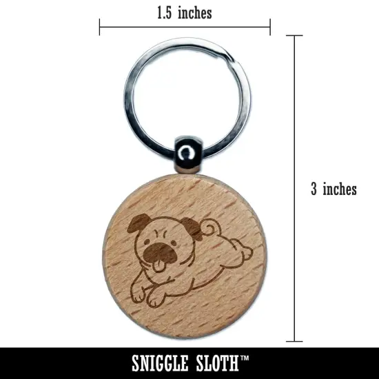 Pug Laying Down Dog Engraved Wood Round Keychain Tag Charm {2}