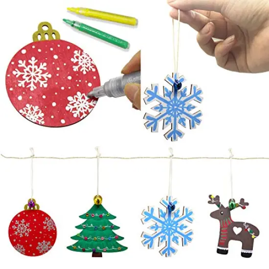 Hidreas 40 Pcs Wooden Ornaments Unfinished Christmas DIY Ornaments Craft Kit, Christmas Wood Ornaments with Bells, Wax Rope and Rhinestone Stickers for Children Arts and Crafts Supplies {4}
