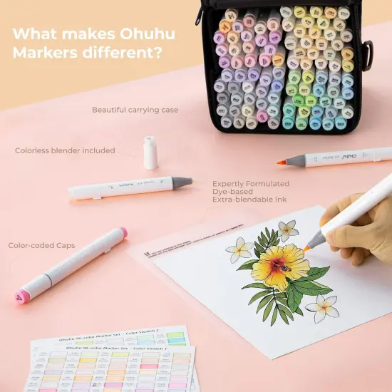Ohuhu Honolulu 48/96 Pastel Colors Markers Alcohol Based - Brush & Chisel Dual Tips - Sweetness & Blossoming Color Sets {6}