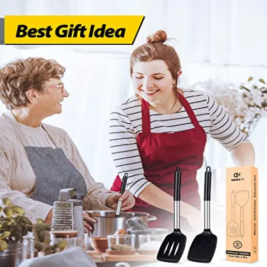 2 PCK Silicone Solid Turner,Non Stick Slotted Kitchen Spatulas,High Heat Resistant BPA Free Cooking Utensils,Ideal Cookware for Fish,Eggs,Pancakes (Black) {4}