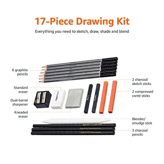 17 Piece Set, Sketch and Drawing Art Pencil Kit, Charcoal, Black, White {6}