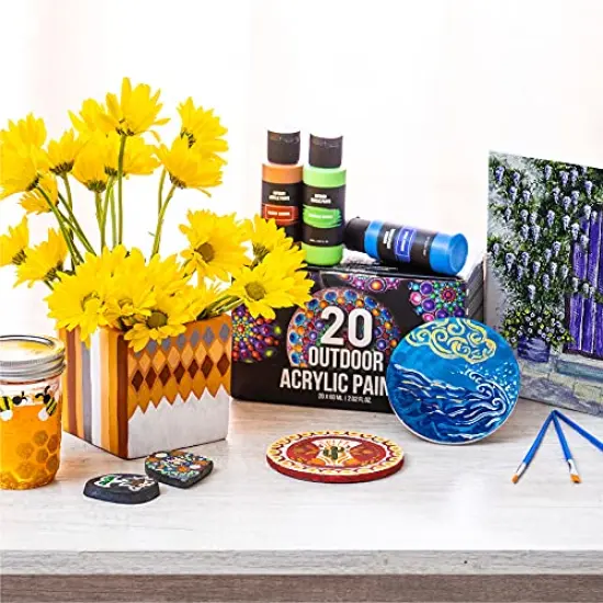 Outdoor acrylic paint set (2 fl oz)- 20 Tubes 2 with Glow in the Dark Effect - Art supplies for Adults - For multiple use- Woods, Leather, Metal & Fabric Paint & Paint for rocks Outdoor/Craft paint {2}