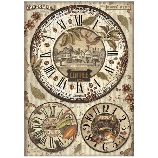 Stamperia Rice Paper Sheet A4-Coffee And Chocolate Clocks {1}