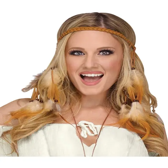 Adults 60's Hippie Faux Suede Beaded Accents Feather Headband Costume Accessory {1}