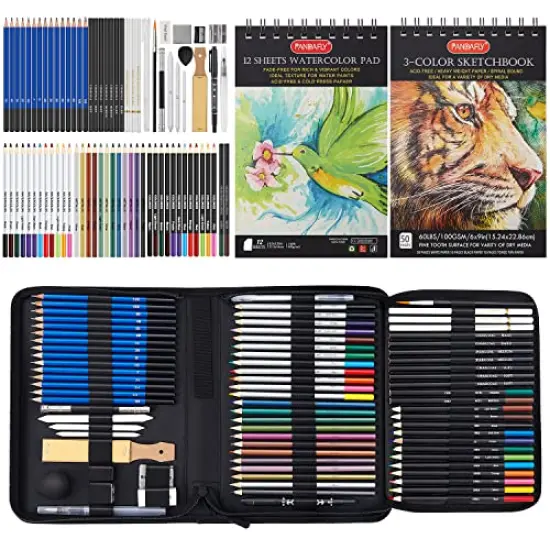 80 Pack Drawing Set Sketching Kit, Pro Art Supplies with 3-Color Sketchbook, Watercolor Pad, Colored, Graphite, Charcoal, Metallic Pencil, for Artist Adults Kids Beginner {1}
