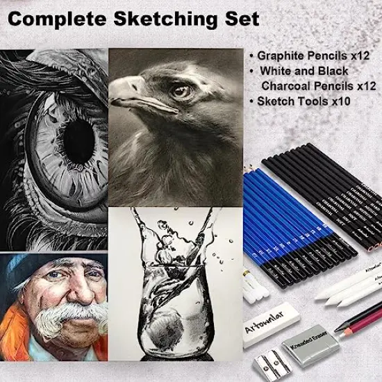Artownlar 72 Pack Drawing Sketching Set with 8x11" Sketchbook | Pro Art Supplies Kit for Artist Adults Teens Beginner | Tutorial, Graphite Charcoal, Watercolor & Metallic Colored Pencils in Gift Case. {4}