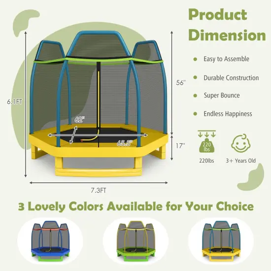 Mini Trampoline for Kids with Safety Net Foam Poles Steel Frame Bounce Jumper for Indoor Outdoor Green and Yellow {3}