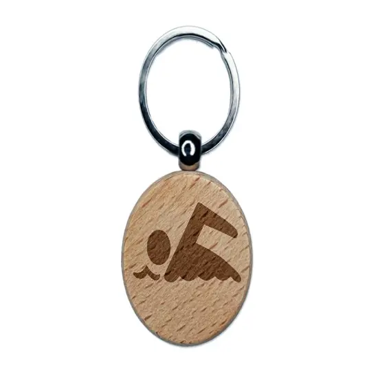 Swimming Symbol Engraved Wood Round Keychain Tag Charm {1}