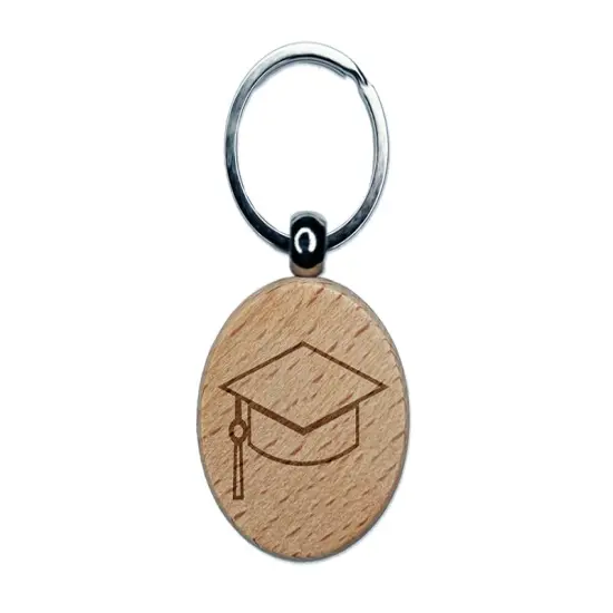 Graduation Cap Hat Engraved Wood Round Keychain Tag Charm {1}