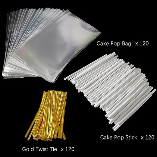 360 Pieces Cake Pop Sticks and Wrappers Ties Kit, Including 120ct 6-inch Paper Lollipop Sticks, 120ct Cake Pop Parcel Bags, 120ct Gold Twist Ties for Candy Making Packaging Supplies {1}