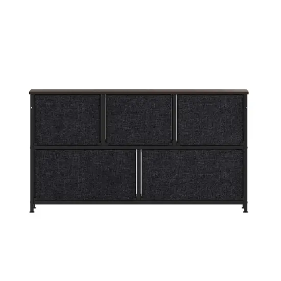 Emma and Oliver Marley 5 Drawer Storage Dresser with Cast Iron Frame, Wood Top, and Easy Pull Fabric Drawers with Wooden Handles BrownDrawer/Black {4}