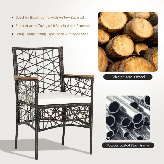 2 Pieces PE Wicker Patio Bistro Dining Chairs with Acacia Wood Armrests and Cushions {5}