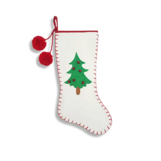 Off-White Christmas Tree Felt Stocking with Jingle Bell Details {1}