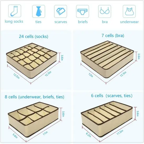 4 Pcs Underwear Organizer Foldable Closet Cabinet Drawer . Beige {4}