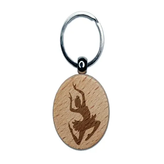 Graceful Ballerina Leaping Engraved Wood Round Keychain Tag Charm {1}