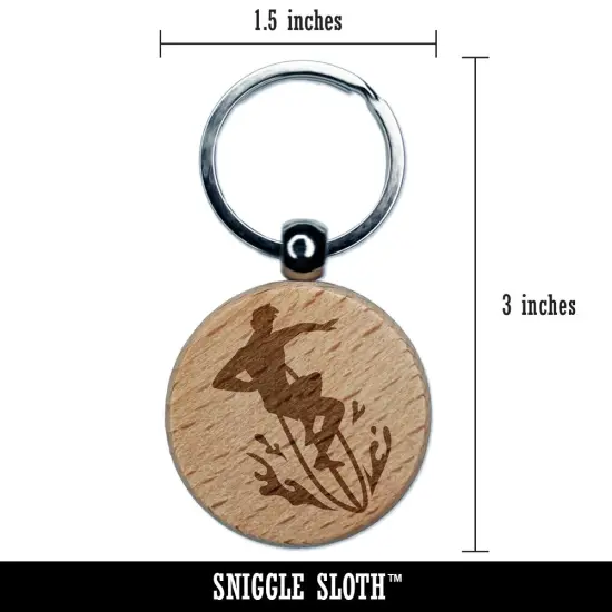 Surfer Surfing Man Silhouette Engraved Wood Round Keychain Tag Charm {2}