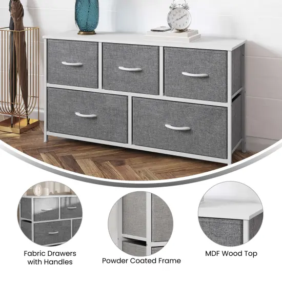 Emma and Oliver Marley 5 Drawer Storage Dresser with Cast Iron Frame, Wood Top and Easy Pull Fabric Drawers with Wooden Handles GrayDrawers/White {2}
