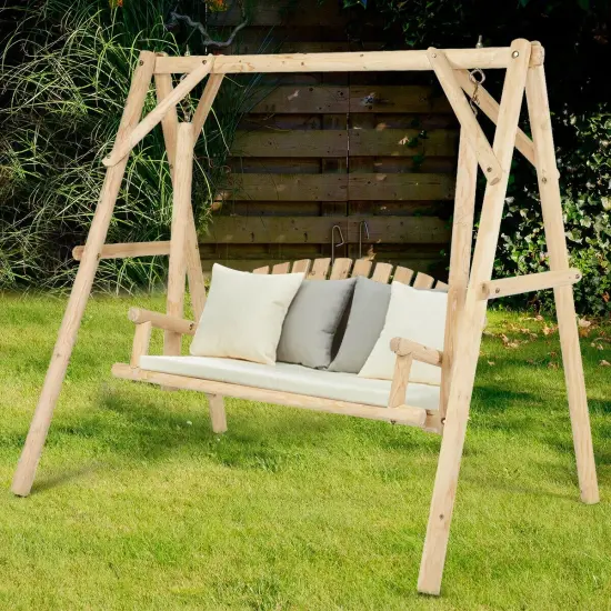 Outdoor Wooden Porch Bench Swing Chair with Rustic Curved Back {2}