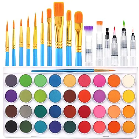 36 Colors Watercolor Paint Set, Watercolor Pan Set with 10 Nylon Brushes and 6 Refillable Water Brushes. Perfect for Adults, Children and Beginner Artists. {1}