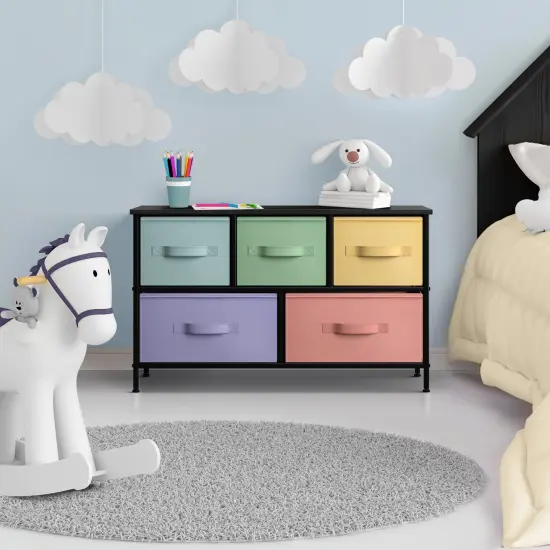 Sorbus Dresser with 5 Drawers - Storage Chest Organizer Unit with Steel Frame, Wood Top, Easy Pull Fabric Bins - Long Wide TV Stand for Bedroom Furniture, Hallway, Closet & Office Organization Pastel black {3}