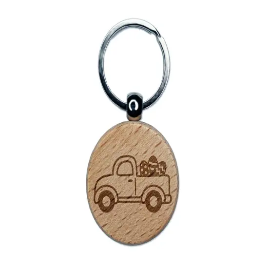 Cute Truck with Easter Eggs Engraved Wood Round Keychain Tag Charm {1}