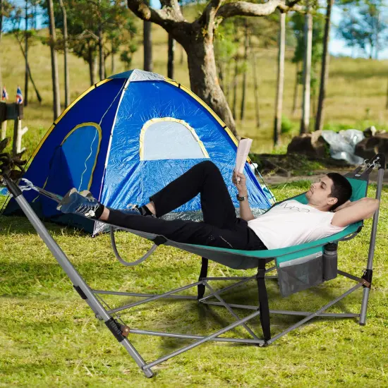Outdoor Folding Hammock Bed with Breathable Fabric Metal Frame and Side Pocket Storage Turquoise {2}