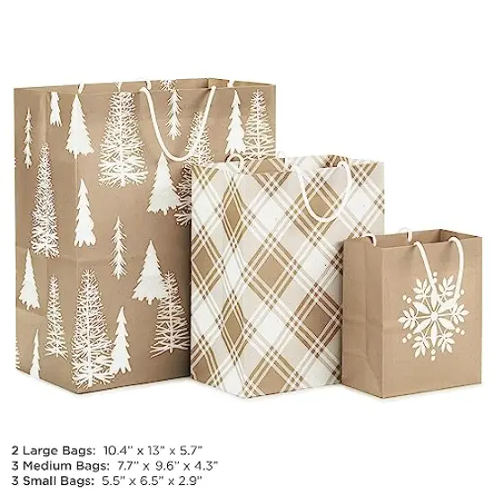 Hallmark Recyclable Holiday Gift Bags (8 Bags: 3 Small 6", 3 Medium 9", 2 Large 13") Kraft Brown with Snowflake, Plaid and Trees for Christmas, Hanukkah, Weddings, Birthdays, Brown Kraft, White Snowflake, Rustic Plaid, Trees, Assorted (0005XGB1417) {5}