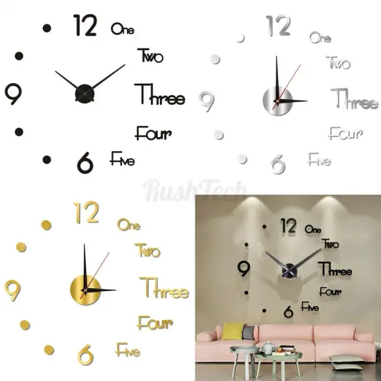 Large Modern 3D Mirror Surface DIY Wall Clock for Office, Home, Shop Decor Black {2}
