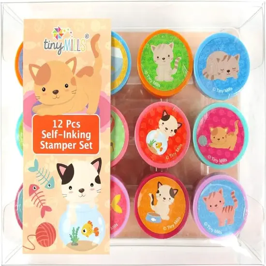 TINYMILLS 12 Pcs Cats Kittens Stamp Kit for Kids - Kitty Cat Self Inking Stamps Gift Party Favors {1}