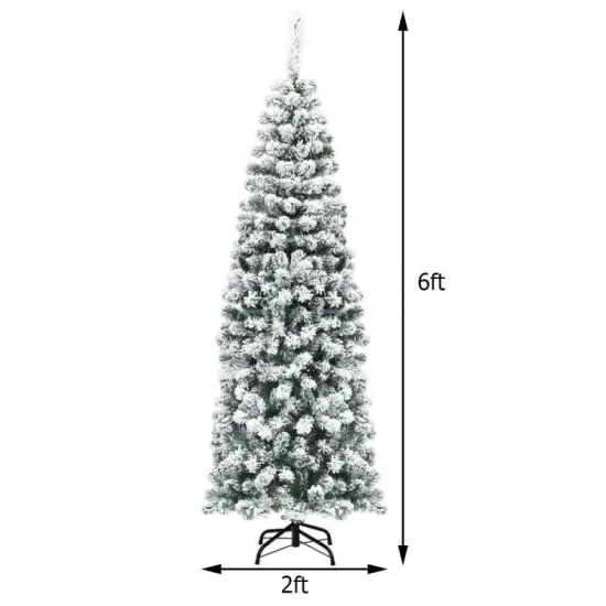 6 Feet Unlit Hinged Snow Flocked Artificial Pencil Christmas Tree with 500 Branch Tip {2}