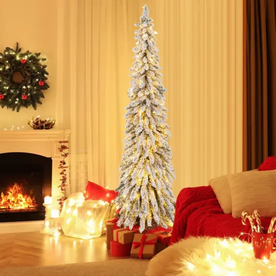4/5/6 Feet Pre-Lit Artificial Christmas Tree Snow-Flocked Slim Pencil Xmas Decor {7}