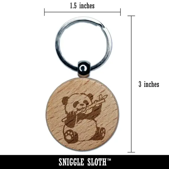 Baby Panda Bear Eating Bamboo Engraved Wood Round Keychain Tag Charm {2}