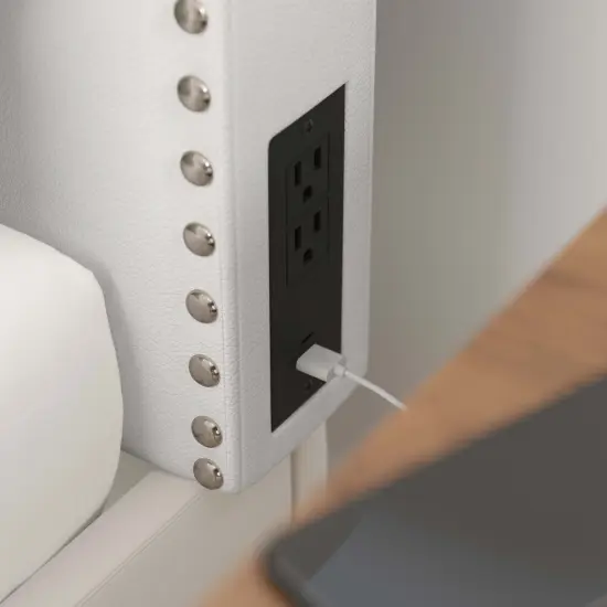 Merrick Lane Ribas Contoured Faux Leather Headboard with Studded Upholstery, Dual Hanging Options, Charging Station with 2 Outlets, USB Port, USB-C Port Gray Linen {9}